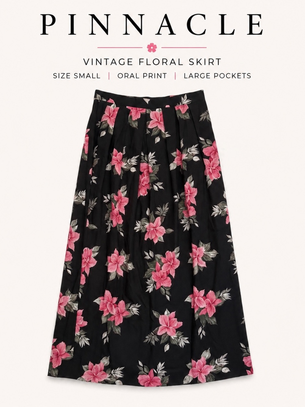 Pinnacle Vintage Floral Maxi Skirt Small Cottagecore Pockets Black Pink